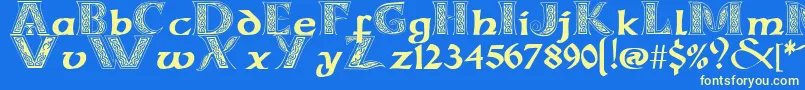 CelticmdDecorativeWDropCaps-Schriftart – Gelbe Schriften auf blauem Hintergrund