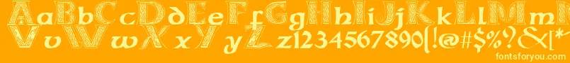 CelticmdDecorativeWDropCaps-Schriftart – Gelbe Schriften auf orangefarbenem Hintergrund