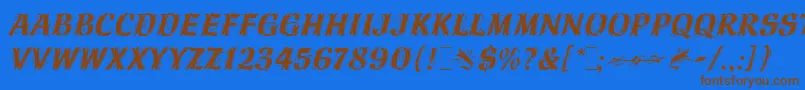 フォントHazelLetPlain – 茶色の文字が青い背景にあります。