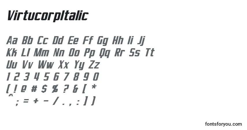 Schriftart VirtucorpItalic – Alphabet, Zahlen, spezielle Symbole