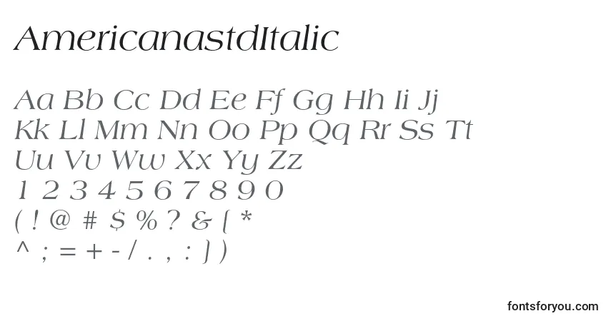 Schriftart AmericanastdItalic – Alphabet, Zahlen, spezielle Symbole