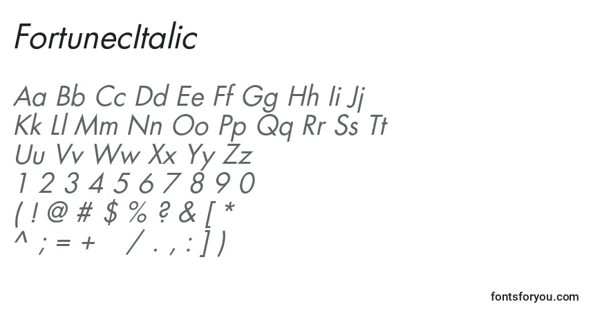 A fonte FortunecItalic – alfabeto, números, caracteres especiais