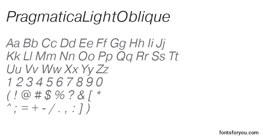 Czcionka PragmaticaLightOblique – alfabet, cyfry, specjalne znaki