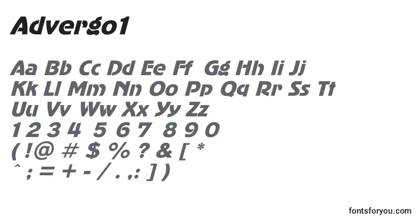 Czcionka Advergo1 – alfabet, cyfry, specjalne znaki