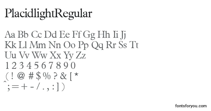 Czcionka PlacidlightRegular – alfabet, cyfry, specjalne znaki
