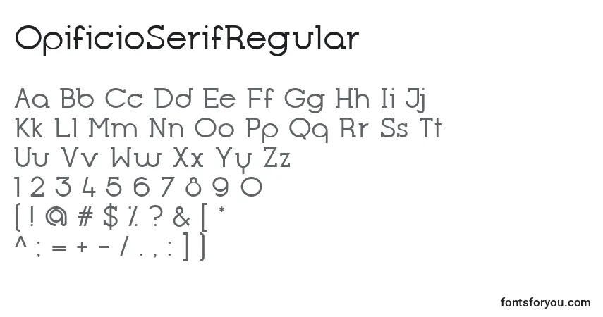 A fonte OpificioSerifRegular – alfabeto, números, caracteres especiais