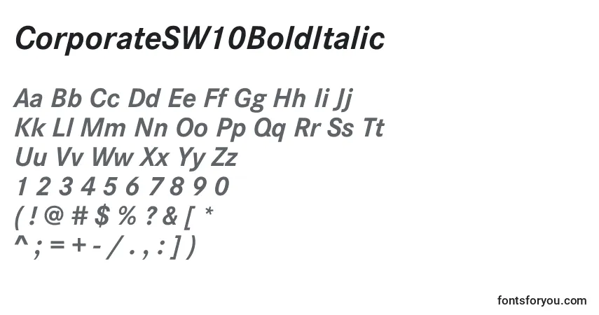 A fonte CorporateSW10BoldItalic – alfabeto, números, caracteres especiais