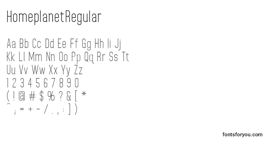 A fonte HomeplanetRegular – alfabeto, números, caracteres especiais
