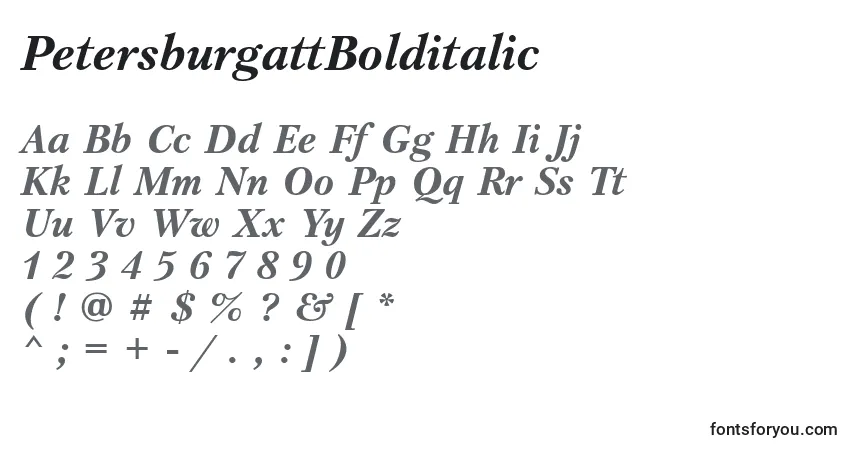 A fonte PetersburgattBolditalic – alfabeto, números, caracteres especiais