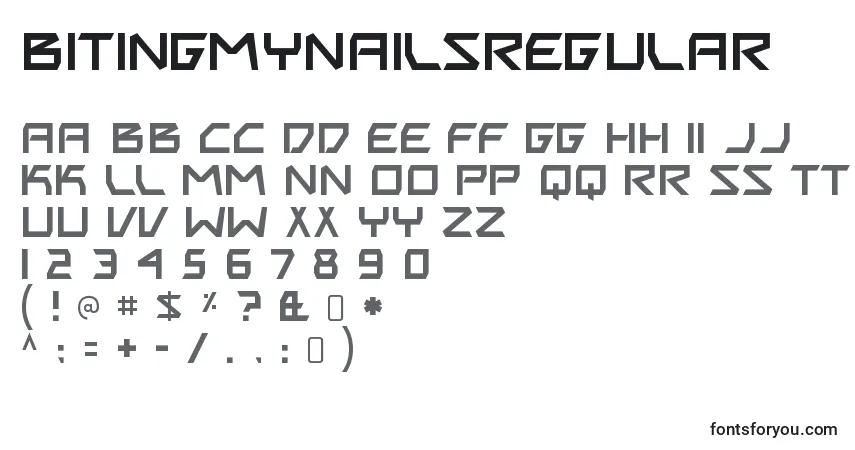 Czcionka BitingmynailsRegular – alfabet, cyfry, specjalne znaki