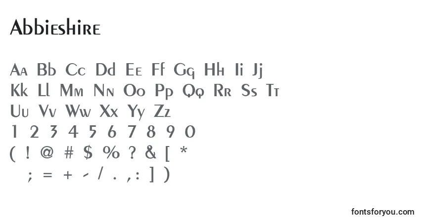 Czcionka Abbieshire – alfabet, cyfry, specjalne znaki