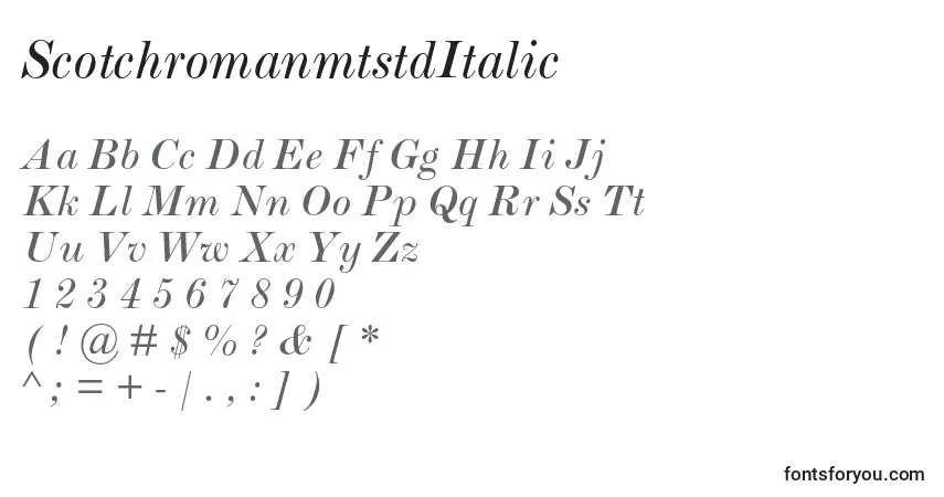 Czcionka ScotchromanmtstdItalic – alfabet, cyfry, specjalne znaki