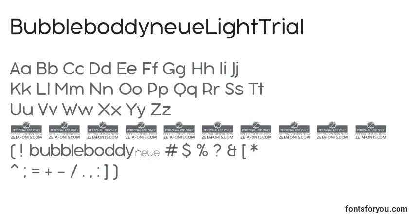 Czcionka BubbleboddyneueLightTrial – alfabet, cyfry, specjalne znaki