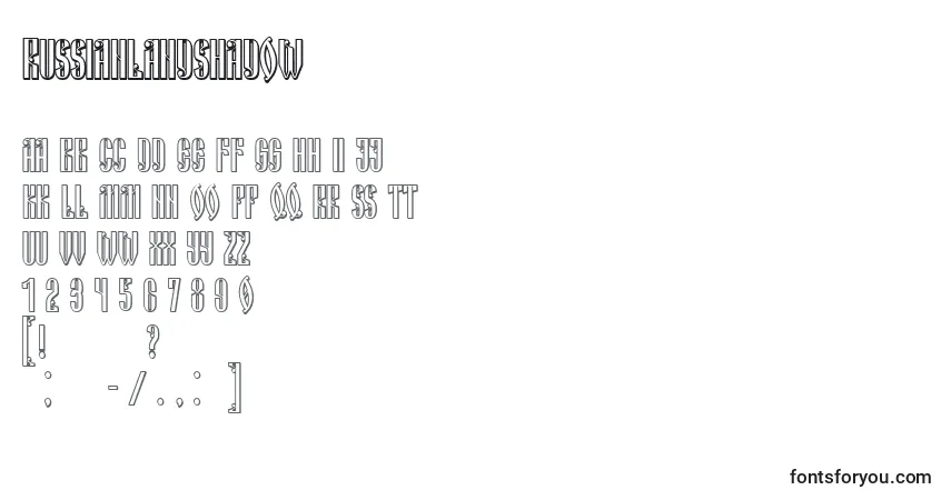 Шрифт RussianLandShadow – алфавит, цифры, специальные символы