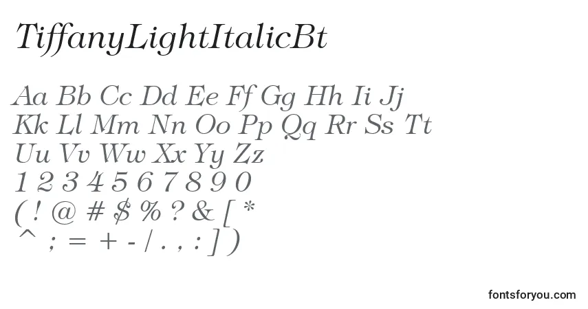 A fonte TiffanyLightItalicBt – alfabeto, números, caracteres especiais