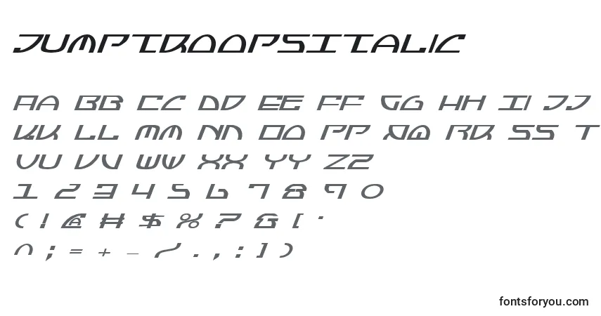 A fonte JumptroopsItalic – alfabeto, números, caracteres especiais