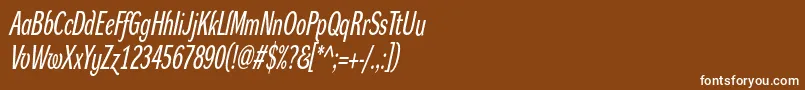 DynagroteskrxcItalic-fontti – valkoiset fontit ruskealla taustalla