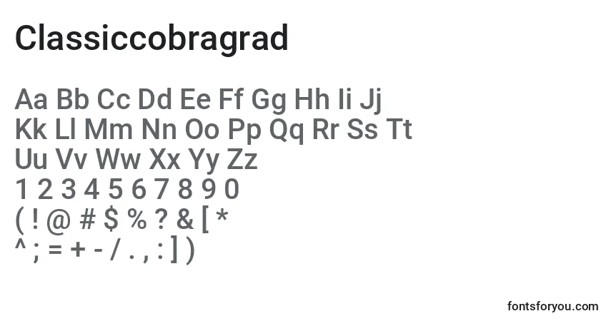 Czcionka Classiccobragrad – alfabet, cyfry, specjalne znaki