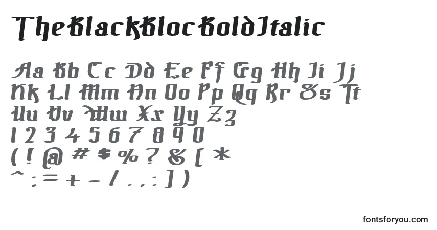 Schriftart TheBlackBlocBoldItalic – Alphabet, Zahlen, spezielle Symbole