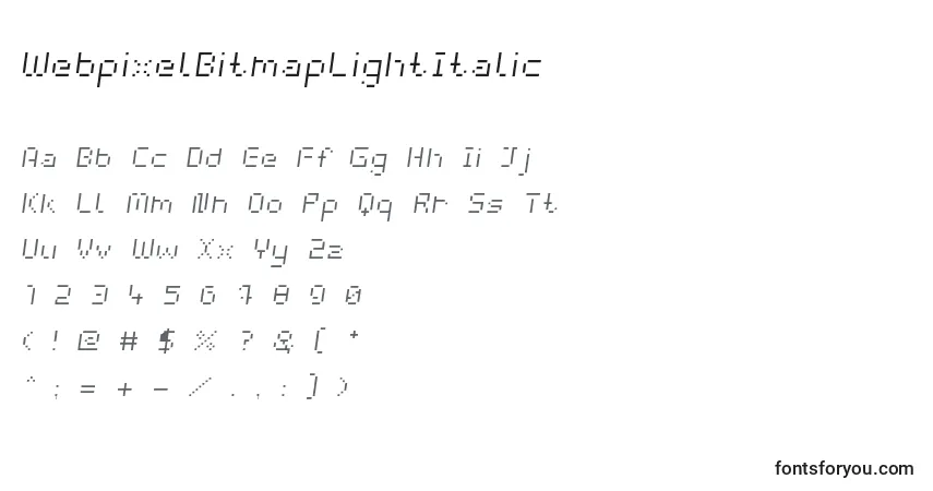 Шрифт WebpixelBitmapLightItalic – алфавит, цифры, специальные символы