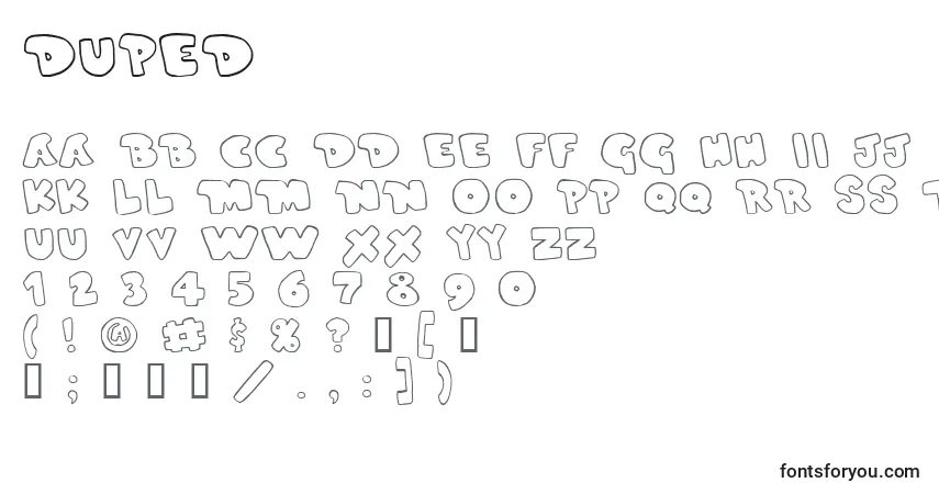 Czcionka Duped – alfabet, cyfry, specjalne znaki