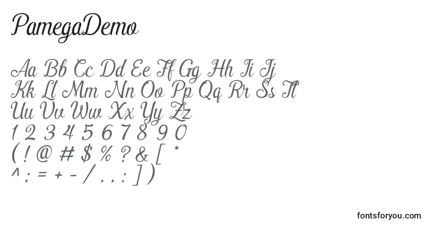 Czcionka PamegaDemo – alfabet, cyfry, specjalne znaki