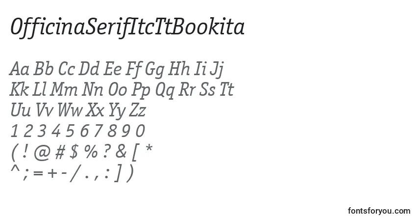 Czcionka OfficinaSerifItcTtBookita – alfabet, cyfry, specjalne znaki