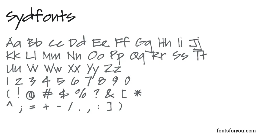 Czcionka Sydfonts – alfabet, cyfry, specjalne znaki