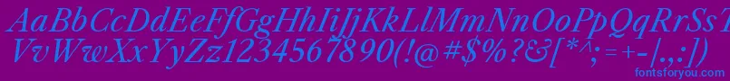 Fonte LibrecaslontextItalic – fontes azuis em um fundo violeta