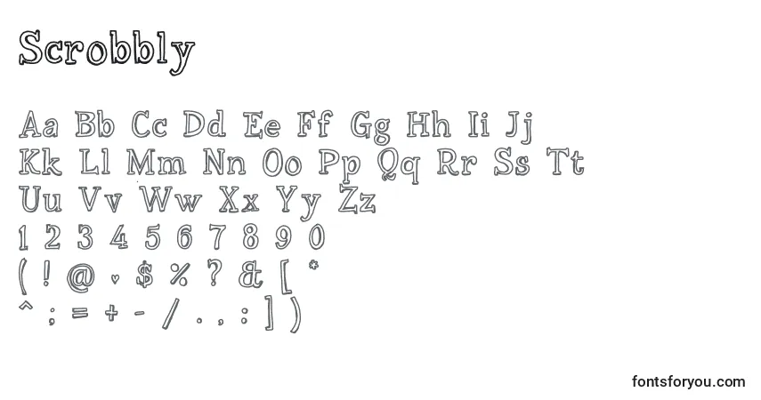 Czcionka Scrobbly – alfabet, cyfry, specjalne znaki