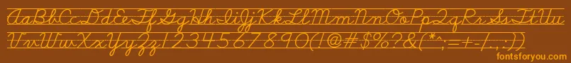 Schoolscriptdashed-Schriftart – Orangefarbene Schriften auf braunem Hintergrund
