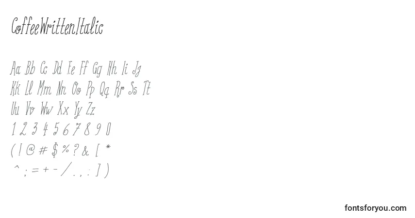 Schriftart CoffeeWrittenItalic – Alphabet, Zahlen, spezielle Symbole