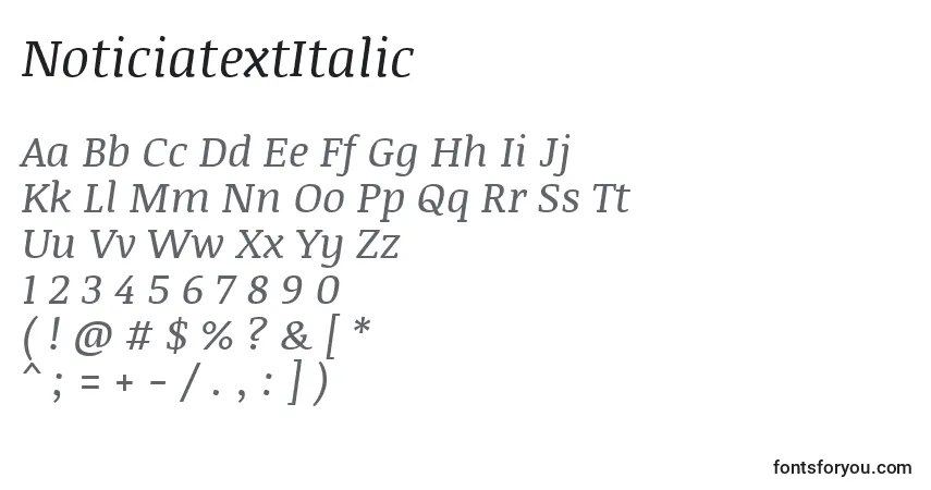 Шрифт NoticiatextItalic – алфавит, цифры, специальные символы