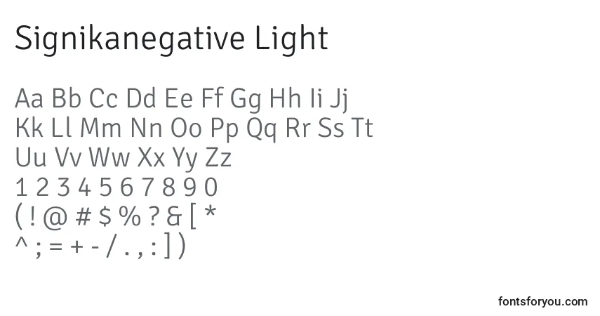 A fonte Signikanegative Light – alfabeto, números, caracteres especiais