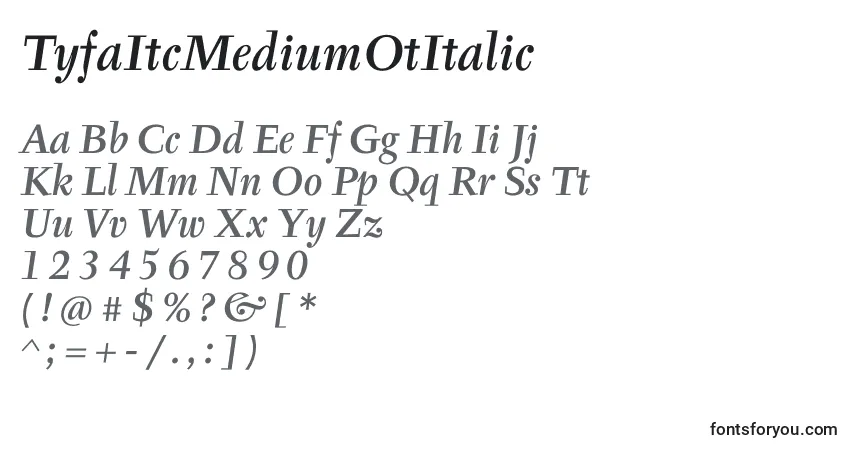 Czcionka TyfaItcMediumOtItalic – alfabet, cyfry, specjalne znaki