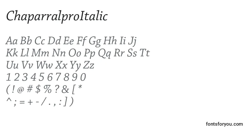 A fonte ChaparralproItalic – alfabeto, números, caracteres especiais