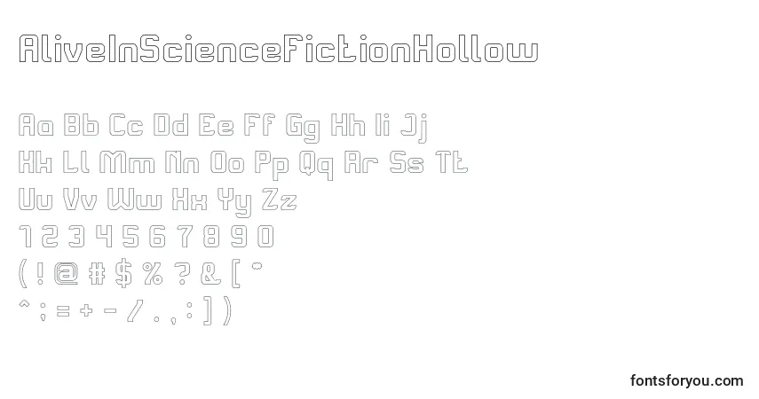 Czcionka AliveInScienceFictionHollow – alfabet, cyfry, specjalne znaki
