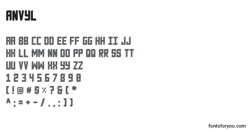Schriftart Anvyl – Alphabet, Zahlen, spezielle Symbole
