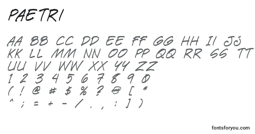 Czcionka Paetri – alfabet, cyfry, specjalne znaki