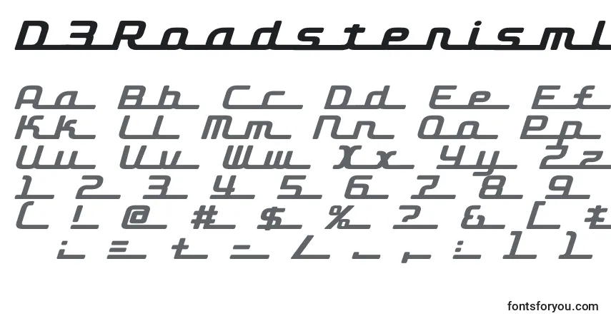 Шрифт D3RoadsterismLongItalic – алфавит, цифры, специальные символы