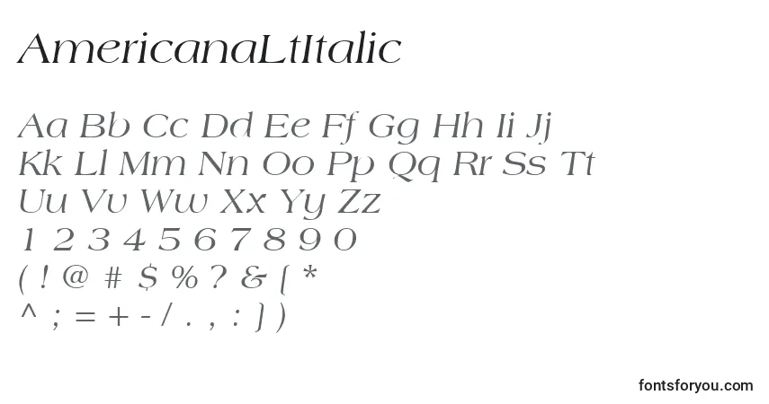 Czcionka AmericanaLtItalic – alfabet, cyfry, specjalne znaki