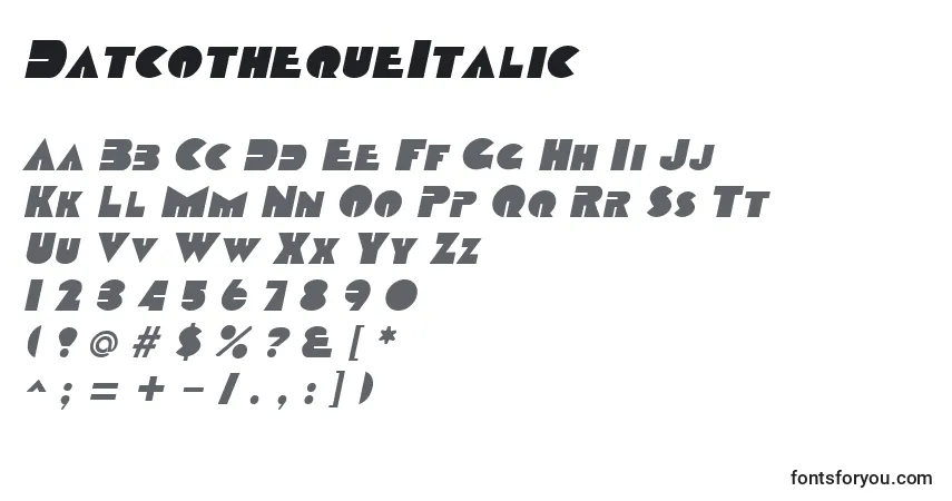 Schriftart DatcothequeItalic – Alphabet, Zahlen, spezielle Symbole