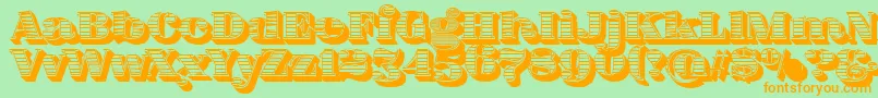 フォントFatFlamingo5WoodcutBlack – オレンジの文字が緑の背景にあります。