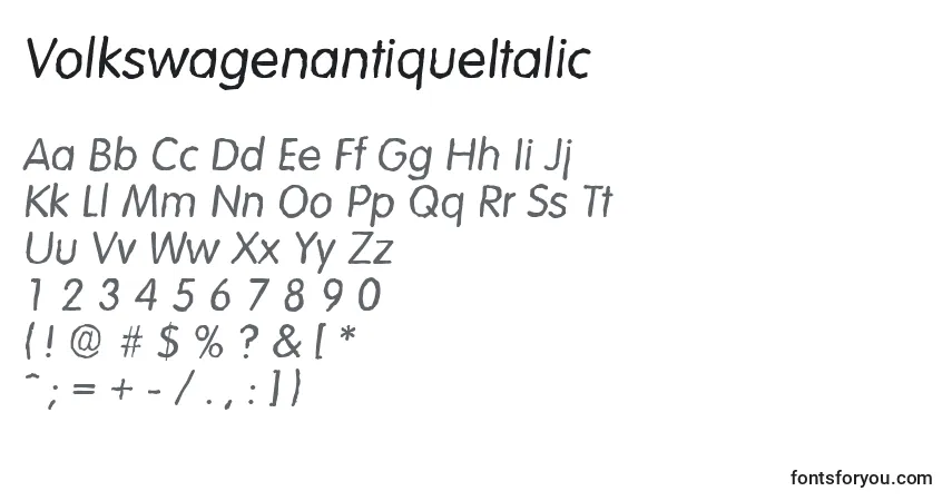 Czcionka VolkswagenantiqueItalic – alfabet, cyfry, specjalne znaki