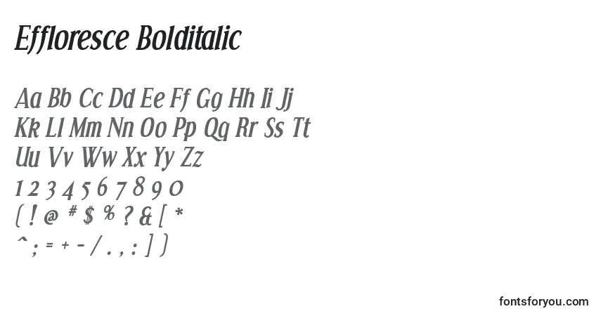 A fonte Effloresce Bolditalic – alfabeto, números, caracteres especiais