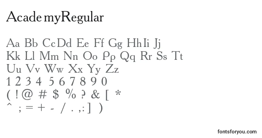 A fonte AcademyRegular – alfabeto, números, caracteres especiais
