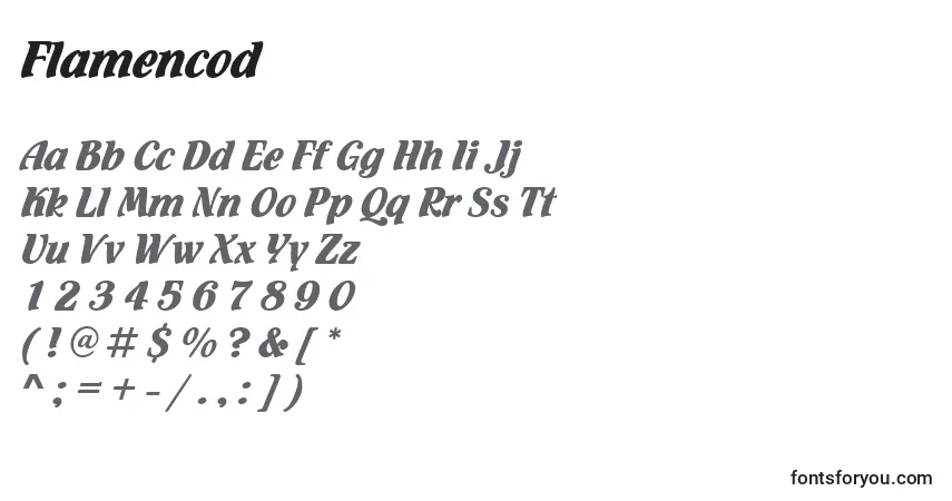 Czcionka Flamencod – alfabet, cyfry, specjalne znaki