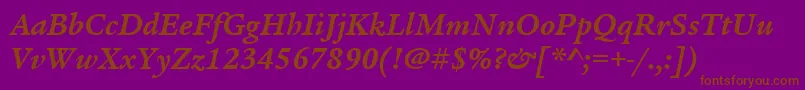 ItcLegacySerifLtBoldItalic-Schriftart – Braune Schriften auf violettem Hintergrund