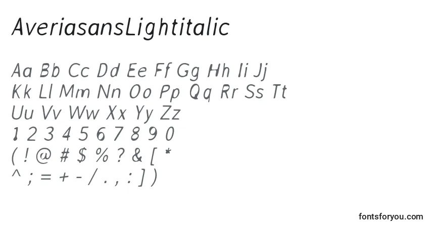 Шрифт AveriasansLightitalic – алфавит, цифры, специальные символы