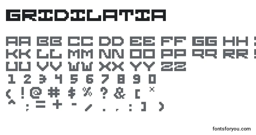 Czcionka Gridilatia – alfabet, cyfry, specjalne znaki